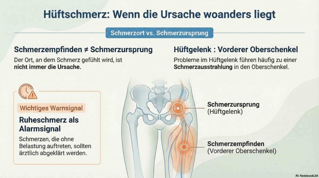Grafik zum Hüftschmerz im Oberschenkel vorne im Ruhezustand